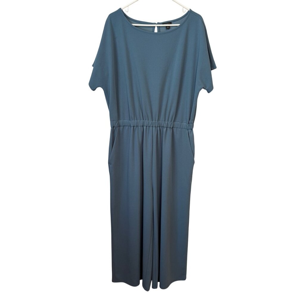 Ann Taylor Womens Blue Short Sleeve Jumpsuit Size 16 Pockets Elastic Waistband